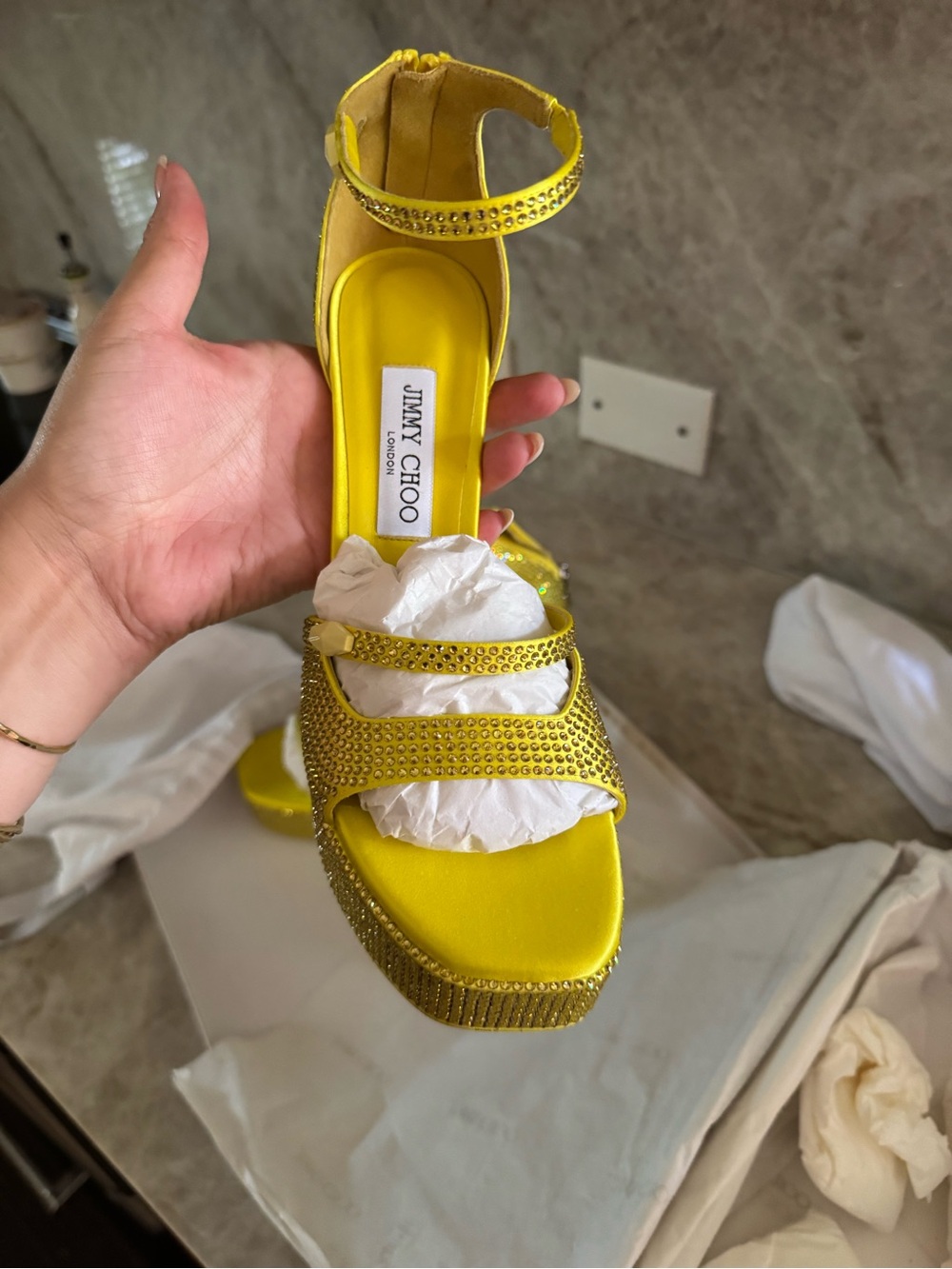 Jimmy Choo Yellow Crystal Embellished Platform Heels - Picture 5 of 9